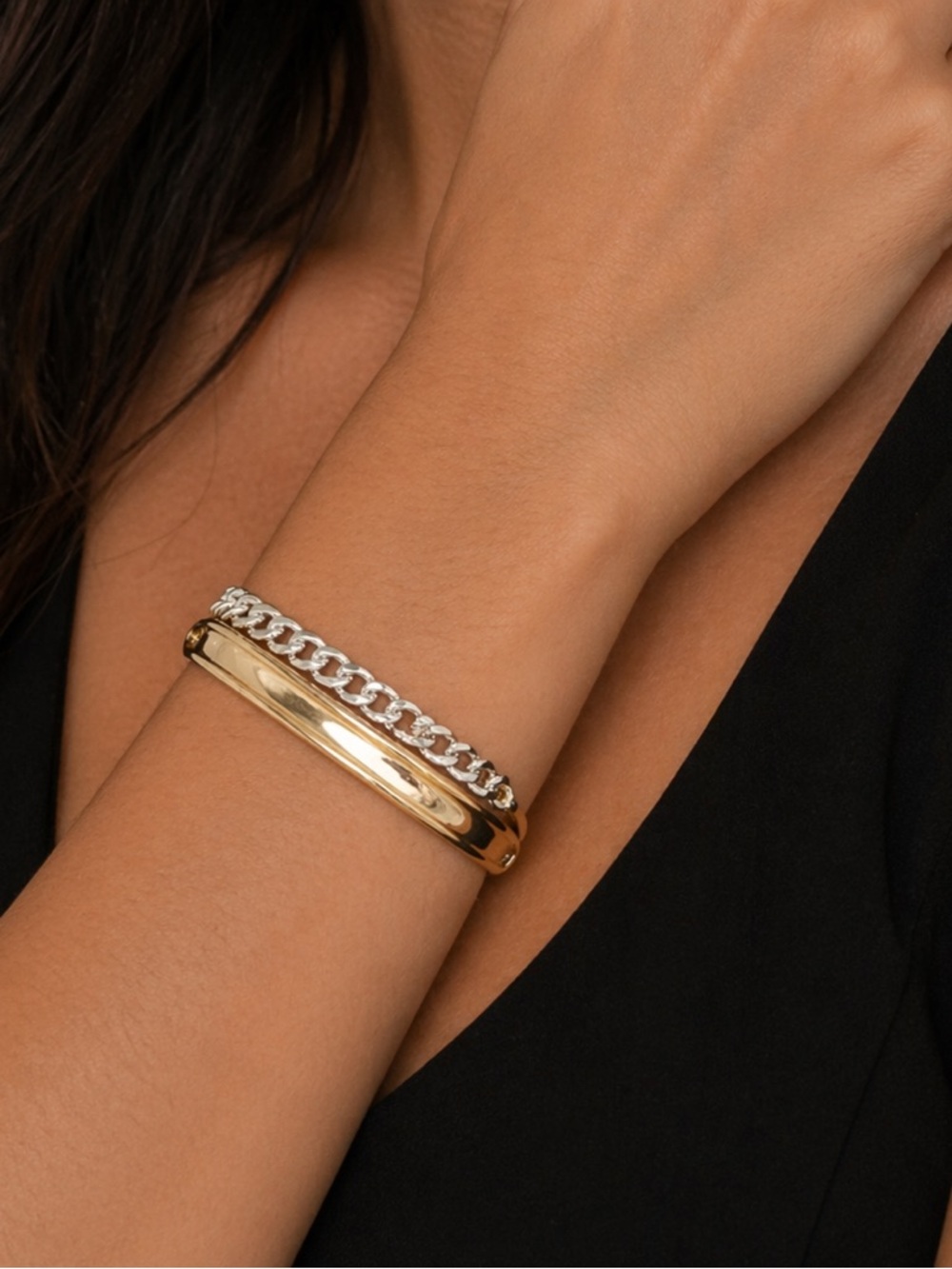 Gold Tone Cuff Bracelet w/ Silver Chain Link Accent Statement Size 7